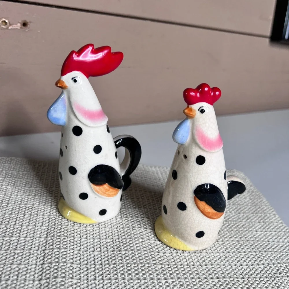 Vintage Sonsco Japan Rooster‎ Salt and Pepper Shakers Polka Dot Ceramic Mid